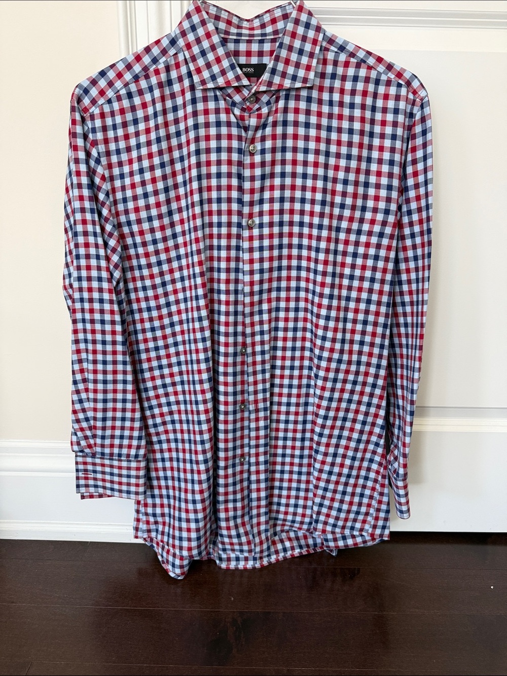 BOSS Cotton Men's Red & Blue Checked Dress Shirt